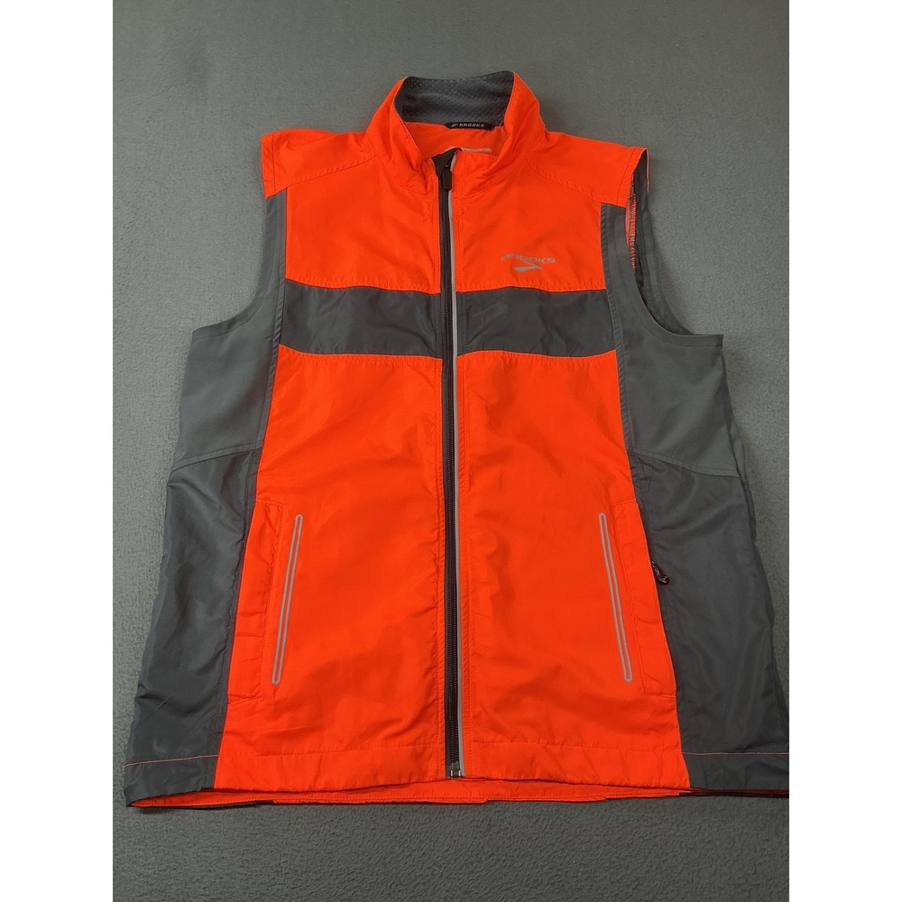 Brooks Vest Mens M Orange Windbreaker Lined Full Zip Pockets Reflective